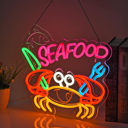 Seafood Neon Sign, Neon Lights Hanging Wall Art Decoration for Restaurant Shop Market Mall Grocery Bar Celebration Home Decor, USB Powered Ultra Bright Dimmable, 14.96 * 12.6inches