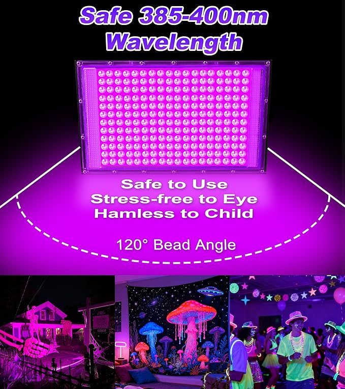 200W LED Black Light, IP66 Blacklight Lamp Flood Light with Swith & Plug, Small Outdoor Blacklight Floodlight for Halloween, Glow Party, Fluorescent Poster, Display, Body Paint, Stage, 2 Pack