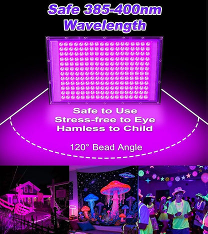 200W LED Black Light, IP66 Blacklight Lamp Flood Light with Swith & Plug, Small Outdoor Blacklight Floodlight for Halloween, Glow Party, Fluorescent Poster, Display, Body Paint, Stage, 2 Pack