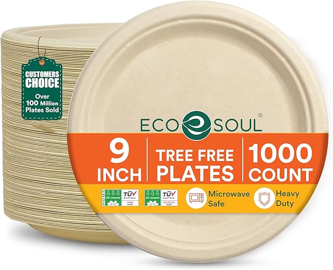 ECO SOUL Compostable 9 Inch(1000-Pack) Biodegradable Heavy-Duty Disposable Eco-Friendly Paper Plates for Thanksgiving Dinner & Parties, Wedding, Event