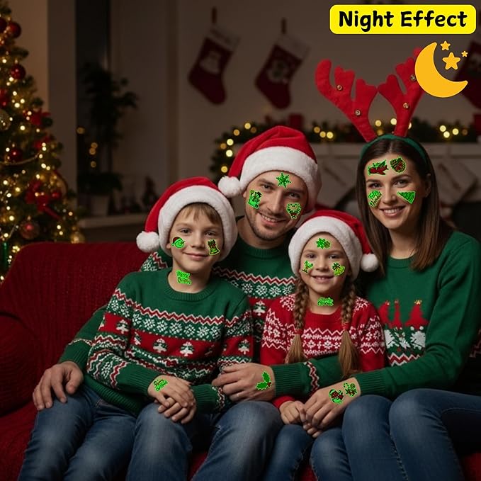 Glow In Dark Christmas Temporary Tattoos | Luminous Christmas Tattoos Xmas Decorations Party Favors Supplies Goodie Bags Stocking Stuffers Gift Idea For Kids Teen Adult Xmas Santa Claus Reindeer-60Pcs