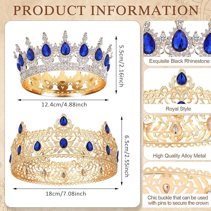 MTLEE 2 Pcs Prom King and Queen Crowns for Men Women King Queen Crowns Tiara with Rhinestone for Wedding Birthday Grad(Blue Gold, Blue Style)