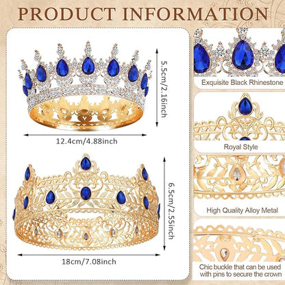 MTLEE 2 Pcs Prom King and Queen Crowns for Men Women King Queen Crowns Tiara with Rhinestone for Wedding Birthday Grad(Blue Gold, Blue Style)