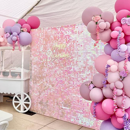 COKAOBE Iridescent Pink Shimmer Wall Backdrop, 24PCS Square Sequin Shimmer Backdrop Panel, Photo Backdrops for Birthday, Anniversary, Wedding, Graduation & Bachelorette Party Decoration