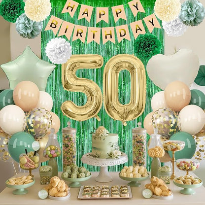 Sage Green 50th Birthday Decorations for Men Gold Number 50 Balloon Nude Gold Happy Birthday Banner Fringe Curtain Paper Pom Poms Olive Green Cream White Sand Star Foil Balloons Party Decor