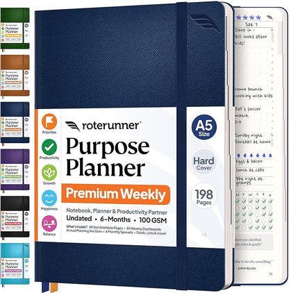 Purpose Planner Notebook A5 5.8”x8.3” Undated 2026 Daily Weekly and Monthly Productivity Goal Setting Tool for Work Home ADHD Planner for Adults Self Care Journal (Navy Hardcover)