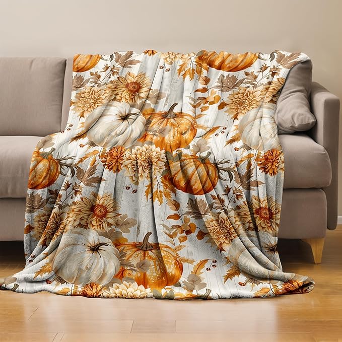 Fall Pumpkin Floral Throw Blanket Gifts for Boys Girls Kids Adults, Autumn Harvest Theme Flannel Blankets for Travel Sofa Living Room Decor 40"x50"