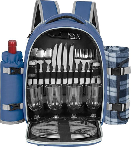 Picnic Backpack for 4 Persons with Insulated Leakproof Cooler Compartment, Cutlery Sets, Wine Holder, Fleece Blanket, Wedding Gifts for Couples, Perfect for Beach, Camping, Hiking, Blue