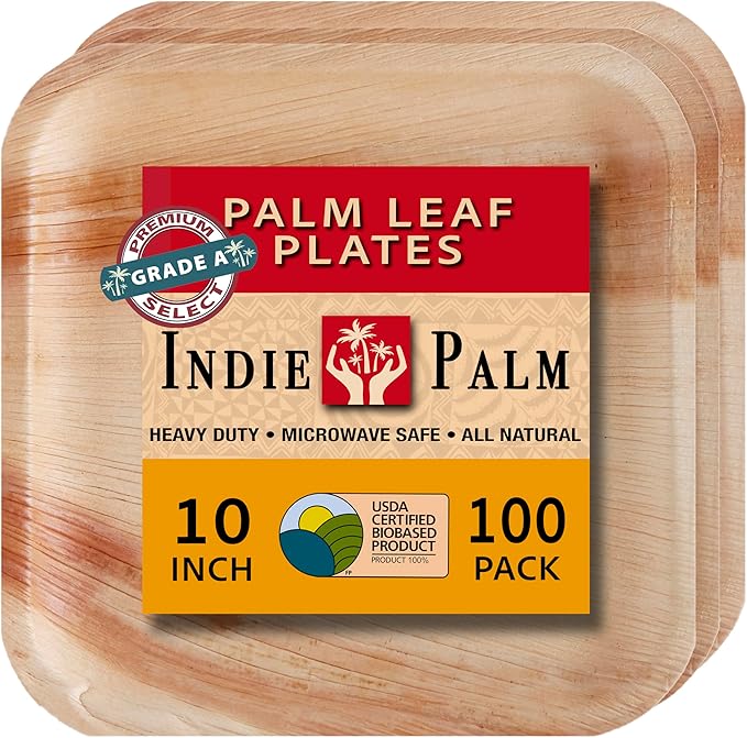 Disposable Palm Leaf Plates - 100 Pack - 10 Inch Square - Compostable & Biodegradable - Heavy Duty, Eco-Friendly, Microwave Safe - Like Bamboo Plates - Perfect for Events & Parties