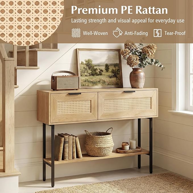 Giantex Rattan Console Table with Storage, 40" Boho Entryway Table w/ 2 Flip Door Cabinets & Shelf, Metal Frame, 2 Anti-Tipping Kits, Narrow Long Behind Couch Sofa Table for Entrance Hallway, Natural