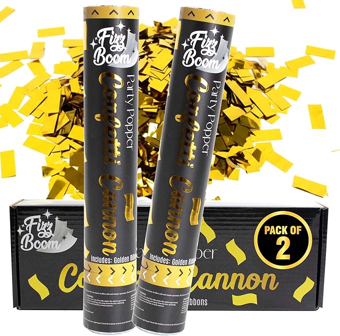 2 Pack 12 Inch Golden Mylar Confetti Poppers Set for Anniversary, Wedding, Graduation, New Year, Birthday Party Celebrations | Releases 15 ft in the Air