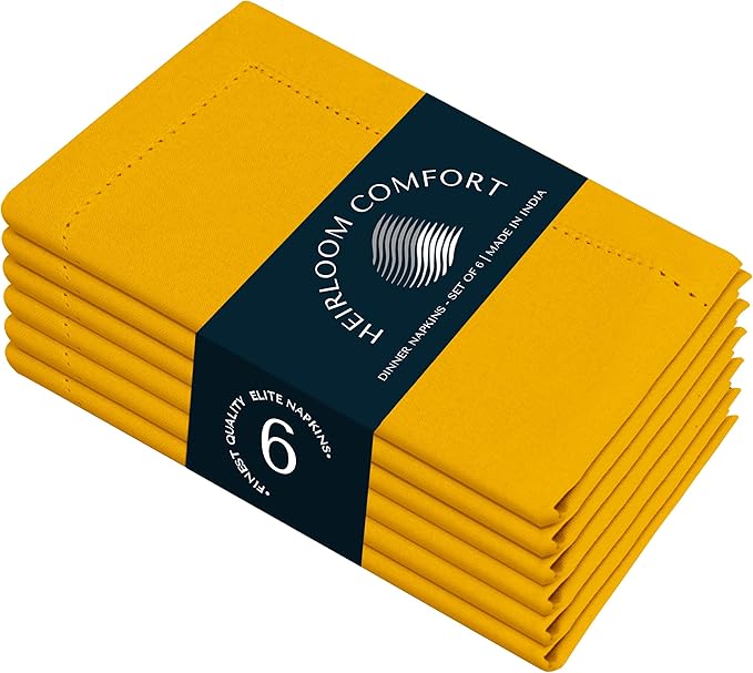 Mustard Yellow Cloth Napkins 18 x 18 Inch, 6 Pack - Absorbent, Durable, Reusable, Soft, Washable - Hemstitch Mitered Edges - Perfect for Baby Showers, Fall Dinners, Events, Everyday