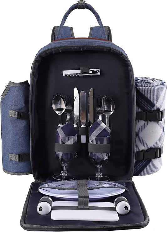 ALLCAMP OUTDOOR GEAR Picnic Backpack for 2 Person Set W/Detachable Bottle/Wine Holder, Fleece Blanket, Plates and Cutlery Set (Blue)