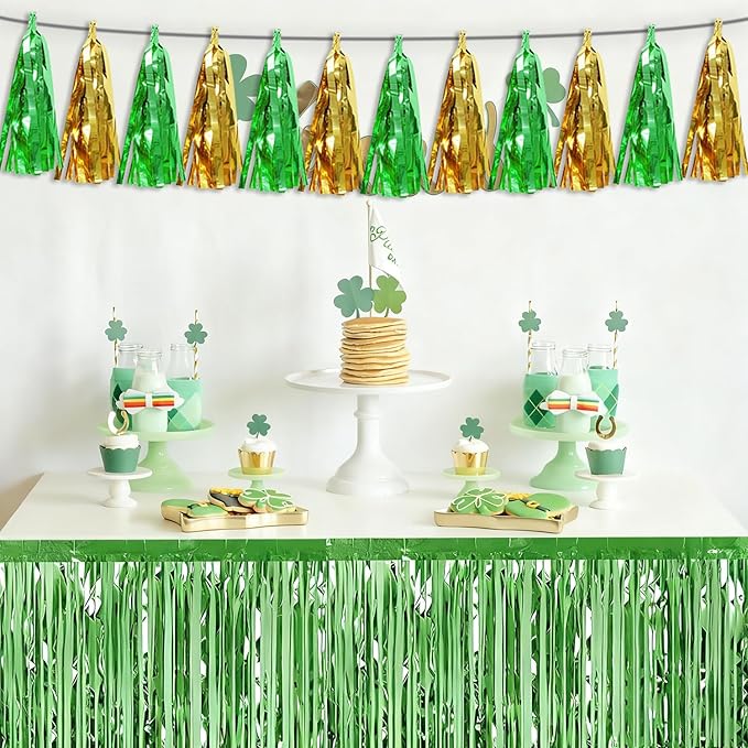 3P Sage-Green Gold Tassel Banner Garland Metallic Foil Fringe Banner Tinsel Tassels Streamer Banner Backdrop for Parade Floats, Graduation Decorations, Woodland Party Decoration