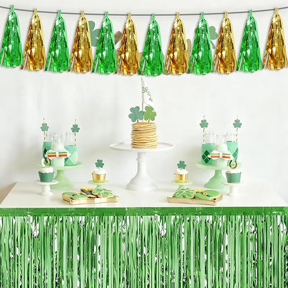 3P Sage-Green Gold Tassel Banner Garland Metallic Foil Fringe Banner Tinsel Tassels Streamer Banner Backdrop for Parade Floats, Graduation Decorations, Woodland Party Decoration