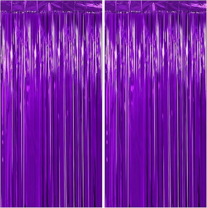 Thicken Purple Streamers 2 Pack 3.3 x 6.6 FT, Purple Birthday Decrorations Tinsel Backdrop Curtains, Foil Fringe Photo Backdrop for Birthday, Halloween, Graduation Party Decorations