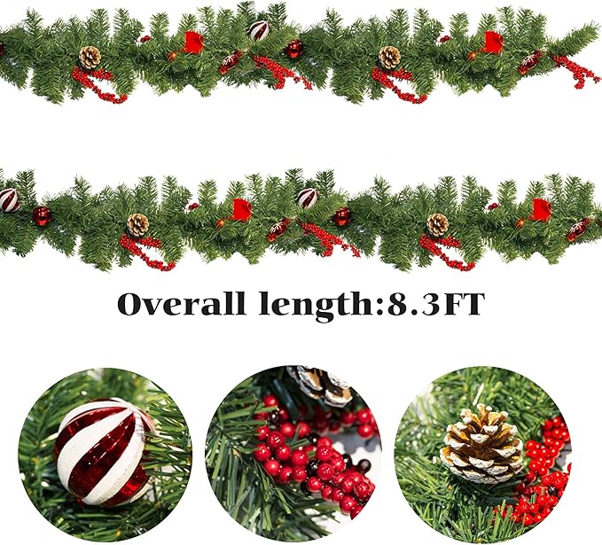 FUNPENY 9 FT Artificial Christmas Garland, Pre-Lit 50 LED Battery Operated Lighted Xmas Garland with 8 Modes for Indoor Holiday Door Home Decorations (Red)