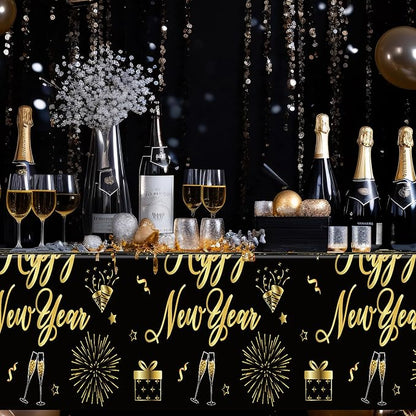 3 Pcs New Years Tablecloth, 108 x 54 Inches Disposable Plastic NYE Table Cover 2026, Rectangle New Years Eve Tablecloth with Black Gold Firework Design, Waterproof Table Cover for Nye Party Supplies
