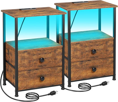 Night Stand Set 2, LED Nightstand with Charging Station, End Tables with Storage Shelf for Small Space, Bedside Table with 2 Fabric Drawers for Bedroom, Brown HETS02PQBR