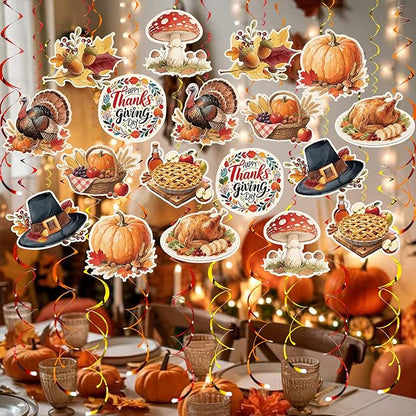 Thanksgiving Hanging Swirl Set Party Decorations, 48 Pcs, Autumn Theme Pumpkin Maple Leaf Turkey Party Supplies Sign,Orange Brown Red