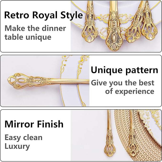 300Pieces Gold Plastic Silverware - Heavy Duty Gold Disposable Utensils - Vintage Plastic Cutlery Set Includes 100 Forks, 100 Spoons, 100 Knives for Dinner Parties Weddings