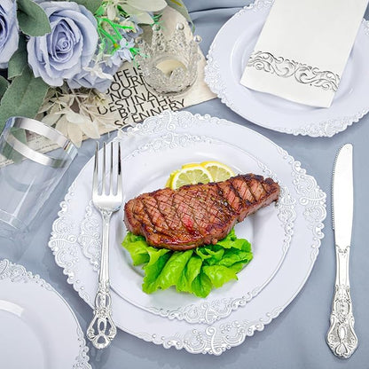 YOUBET 700PCS Silver Plastic Plates - White and Silver Disposable Plates - Silvery Plastic Dinnerware Set - Include 200 Plates, 300 Heavy Duty Silverware, 100 Cups and 100 Napkins for Wedding & Party