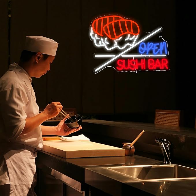 LISIGNVE Sushi Bar Open Neon Sign Led Open Sign for Wall Decor Sushi Bar Neon Light for Japanese Restaurant Shop Snack Food Street (16.5 * 12.6 Inch)