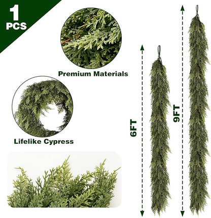 9FT Christmas Garland Cedar Garland Real Touch Faux Greenery Cypress Garlands for Mantle,Table,Wall,Christmas Decorations Indoor Outdoor