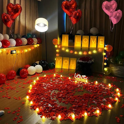 I Love You Lighted Letters Sign 8pcs Luminary Paper Bags 2000pcs Red Pink Artificial Rose Petals 48pcs Flameless LED Candle Tealight 10pcs Heart Balloons Romantic Night Valentine's Day Decorations
