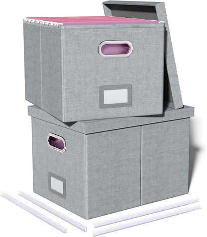 2 Pack File Storage Organizer, Filing Box, Portable File Box with Lid, Fit for Letter/Legal File Folder Storage, Document Organizer, Gray