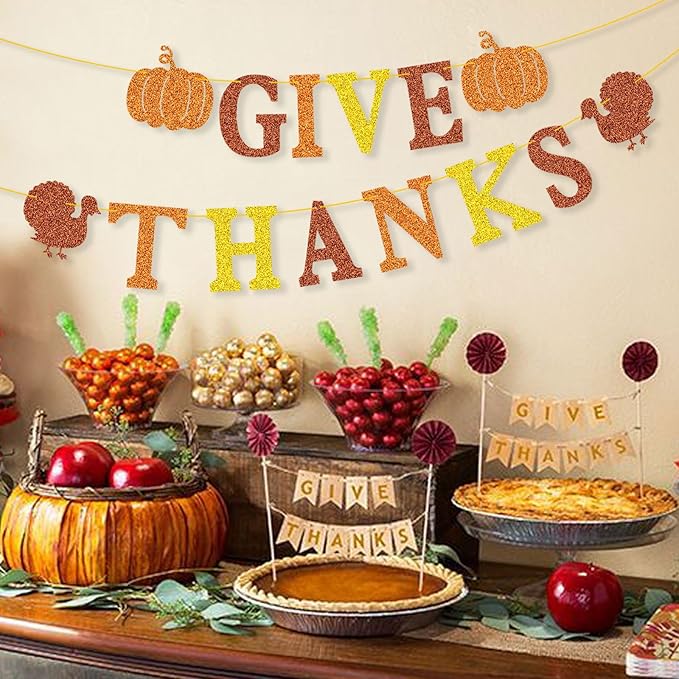 Give Thanks Banner for Thanksgiving Party Fall Thanksgiving Decorations, Outdoor Home Office Classroom Hanging, Decor Gold Orange Yellow Glitter