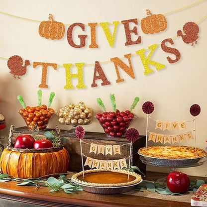Give Thanks Banner for Thanksgiving Party Fall Thanksgiving Decorations, Outdoor Home Office Classroom Hanging, Decor Gold Orange Yellow Glitter