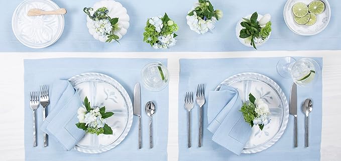Solino Home Sky Blue Table Runner 90 Inches Long - 100% Pure Linen Hemstitch 14 x 90 Inch Table Runner for Dining, Holiday, Christmas, New Year - Classic Hemstitch