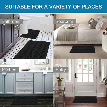 H.VERSAILTEX Bathroom Rugs Bath Rug Set 2 Piece Bathroom Contour Rug Toilet Mat Sets Non Slip Contour Bath Rug Set Ultra Thick Water Absorbent Striped Washable(20" x 32" Plus 20" x 20" U, Black)