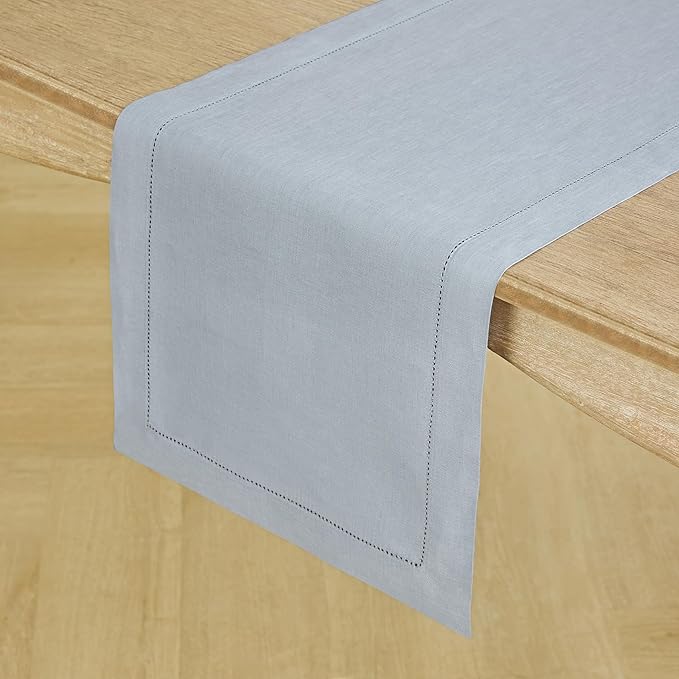 Solino Home Linen Dusty Blue Table Runner 108 Inches Long - 100% Pure Linen Hemstitch 14 x 108 Inch Table Runner for Dining, Fall, Autumn - Classic Hemstitch