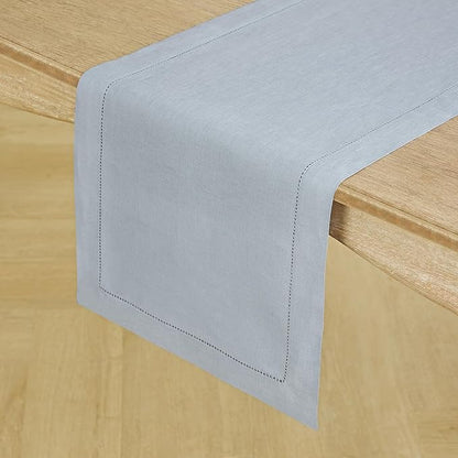 Solino Home Linen Dusty Blue Table Runner 36 Inches - Classic Hemstitch, 100% Pure Linen Coffee Table Runner 14 x 36 Inch Ideal for Dresser Tables - Fall, Autumn, Thanksgiving