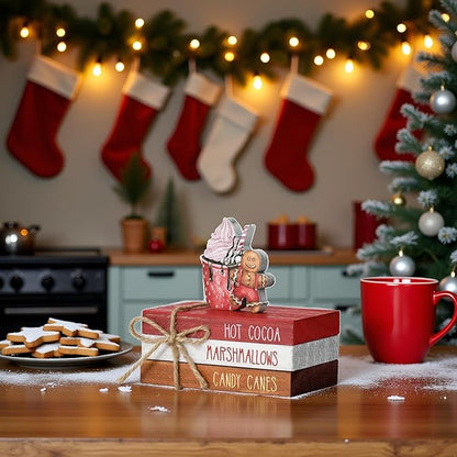 Smile Christmas Wooden Books Stack, Hot Cocoa Marshmallows Candy Canes Faux Books Bundle, Cute Gingerbread Man Cupcake Tiered Tray Decorations, for Home Table Mantle Shelf.