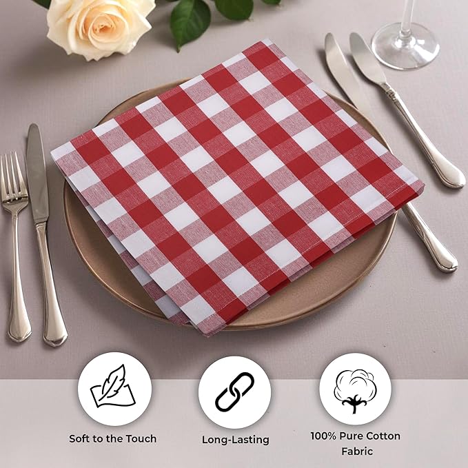 Urban Villa Cloth Napkins Set of 12 20x20 Inches 100% Cotton Napkins Cloth Washable Durable Reusable Absorbent Table Dinner Napkins Cloth for Christmas Hotel Lunch Restaurant Parties- Red White