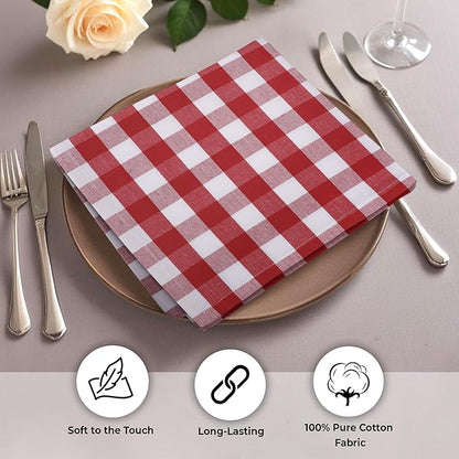Urban Villa Cloth Napkins Set of 12 20x20 Inches 100% Cotton Napkins Cloth Washable Durable Reusable Absorbent Table Dinner Napkins Cloth for Christmas Hotel Lunch Restaurant Parties- Red White