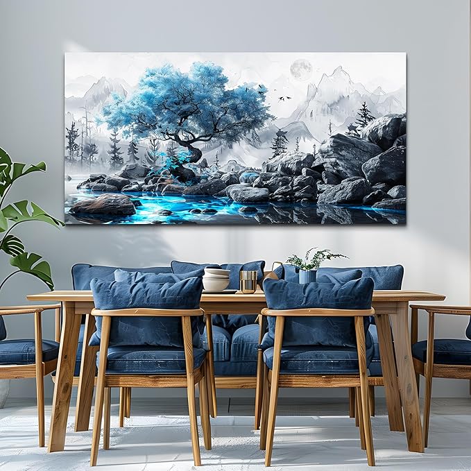 FUHAIHUA Large Wall Decor For Living Room Canvas Wall Art For Bedroom Office Decor Black And White Wall Pictures Artwork Blue Tree Landscape Painting Ready To Hang Hotel Room Home Decoration 24x48