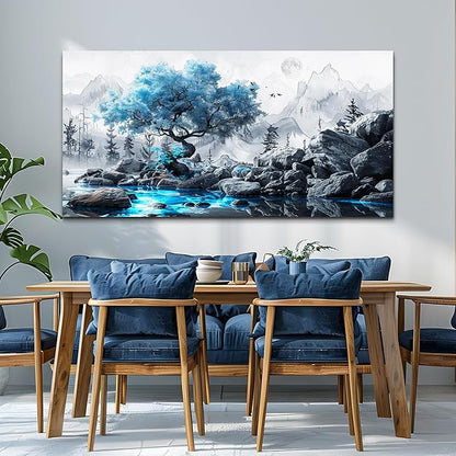 FUHAIHUA Canvas Wall Art For Living Room Large Wall Decor For Office Bedroom Decor Black And White Wall Pictures Artwork Blue Tree Landscape Paintings Ready To Hang Hotel Room Decoration 30x60 In