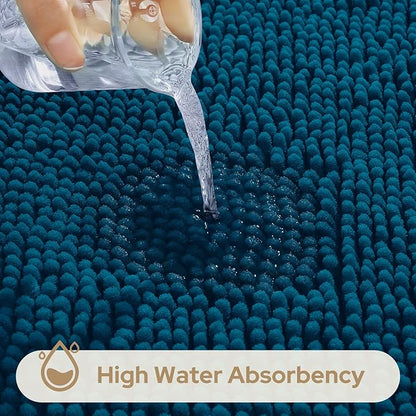 HOMEIDEAS 3 Pieces Bathroom Rugs, Extra Large Ultra Soft Non Slip Absorbent Chenille Toilet Bath Mat Set (Atlantic Blue)