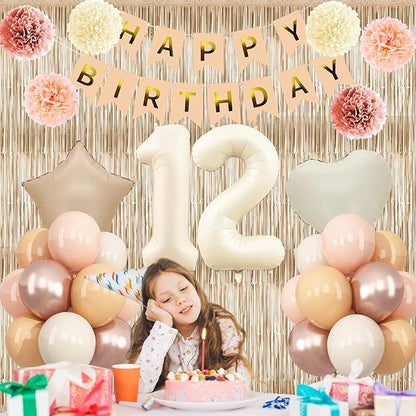 Beige 12th Birthday Decorations Girls Boys Cream Number 12 Balloon Nude Gold Happy Birthday Banner Fringe Curtain Paper Pom Poms Blush White Sand Champagne Star Foil Balloons Neutral Boho Party Decor