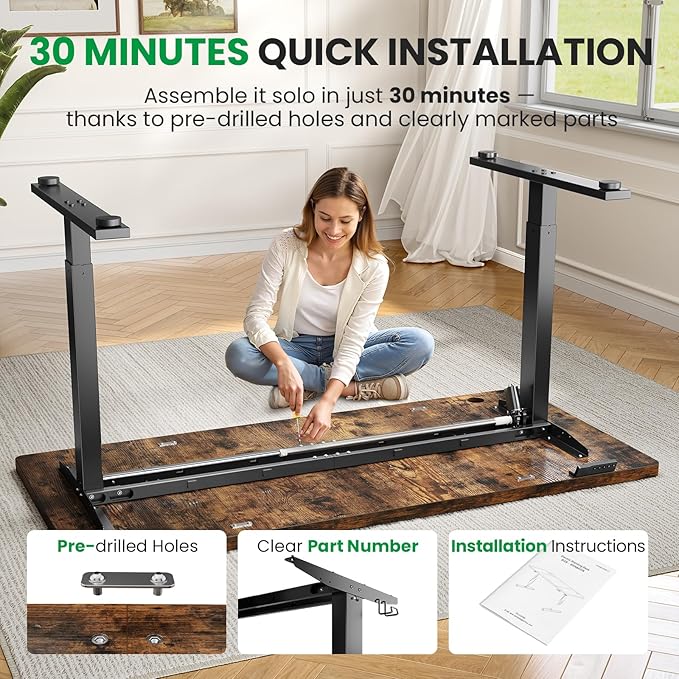 Electric Standing Desk Adjustable - 63x30 Inch Sit Stand Desk with 1 Inch Thick Tabletop, Double Beam Frame, 3 Memory Height Adjustment, Cable Management for Home Office