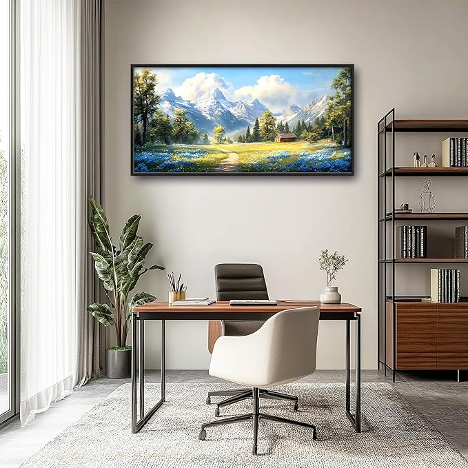 Mountain Large Wall Art Framed Wall Decor for Living Room, Countryside Wildflowers Pictures Oversized Canvas Print Painting Modern Extra Large Framed Artwork for Bedroom Office Home Decor 60"x30"