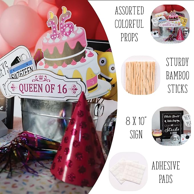 Sweet 16 Photo Booth Props - 41-pc Selfie Props with 8 x 10-Inch Sign, 60 Adhesive Pads, 45 Sticks - Sweet 16 Accessories - Photo Booth for Sweet 16-16th Birthday Photo Booth Props