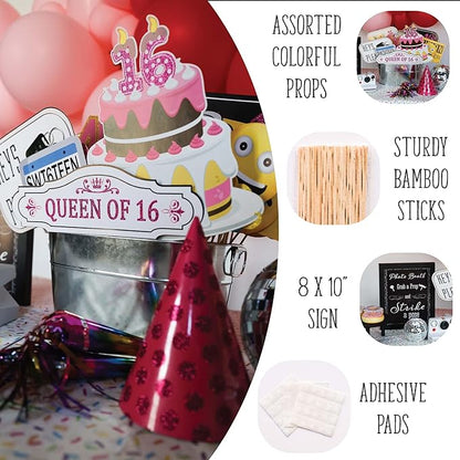 Sweet 16 Photo Booth Props - 41-pc Selfie Props with 8 x 10-Inch Sign, 60 Adhesive Pads, 45 Sticks - Sweet 16 Accessories - Photo Booth for Sweet 16-16th Birthday Photo Booth Props