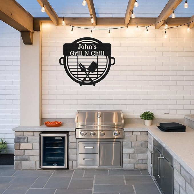 Custom Name BBQ Grill Wall Sign, Personalized Outdoor Kitchen Metal Cut Decor, Rustic Patio Backyard Barbecue Gift