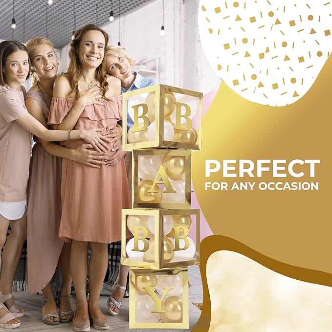 Baby Shower Boxes with Letters – Gold Boxes with Gold & White Balloons – 44-Piece Gender Reveal & Party Decoration Set by Vellax