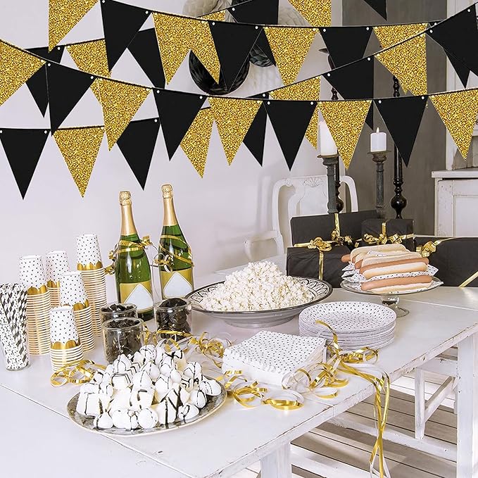 4Pcs Black Gold Glitter Triangle Flag, New Year 2026 Birthday Christmas Graduation Party Decor Banner, Black Gold Pennant Banner Paper Bunting Hanging Decor for New Year Holiday Party Supplies